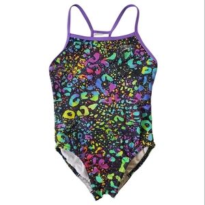 🟢K1341 * Speedo Girls Rainbow Bright Splatter One Piece Swimsuit Size 6